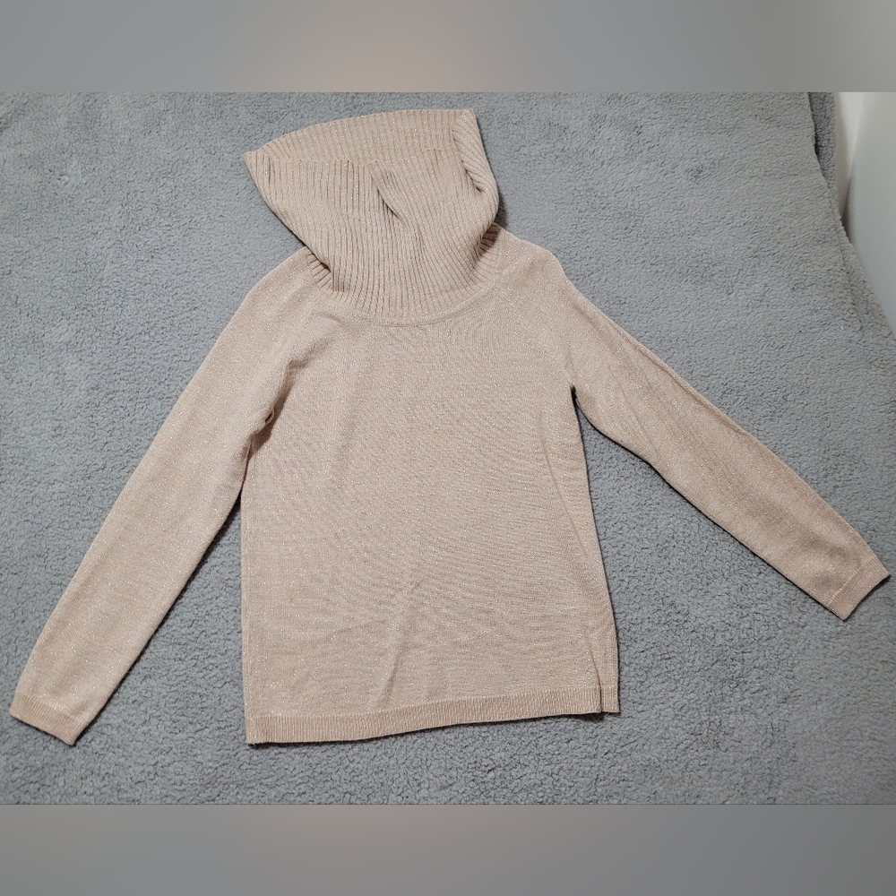 Covington Light Beige with Silver Long Sleeve Cowl Neck Sweater Medium